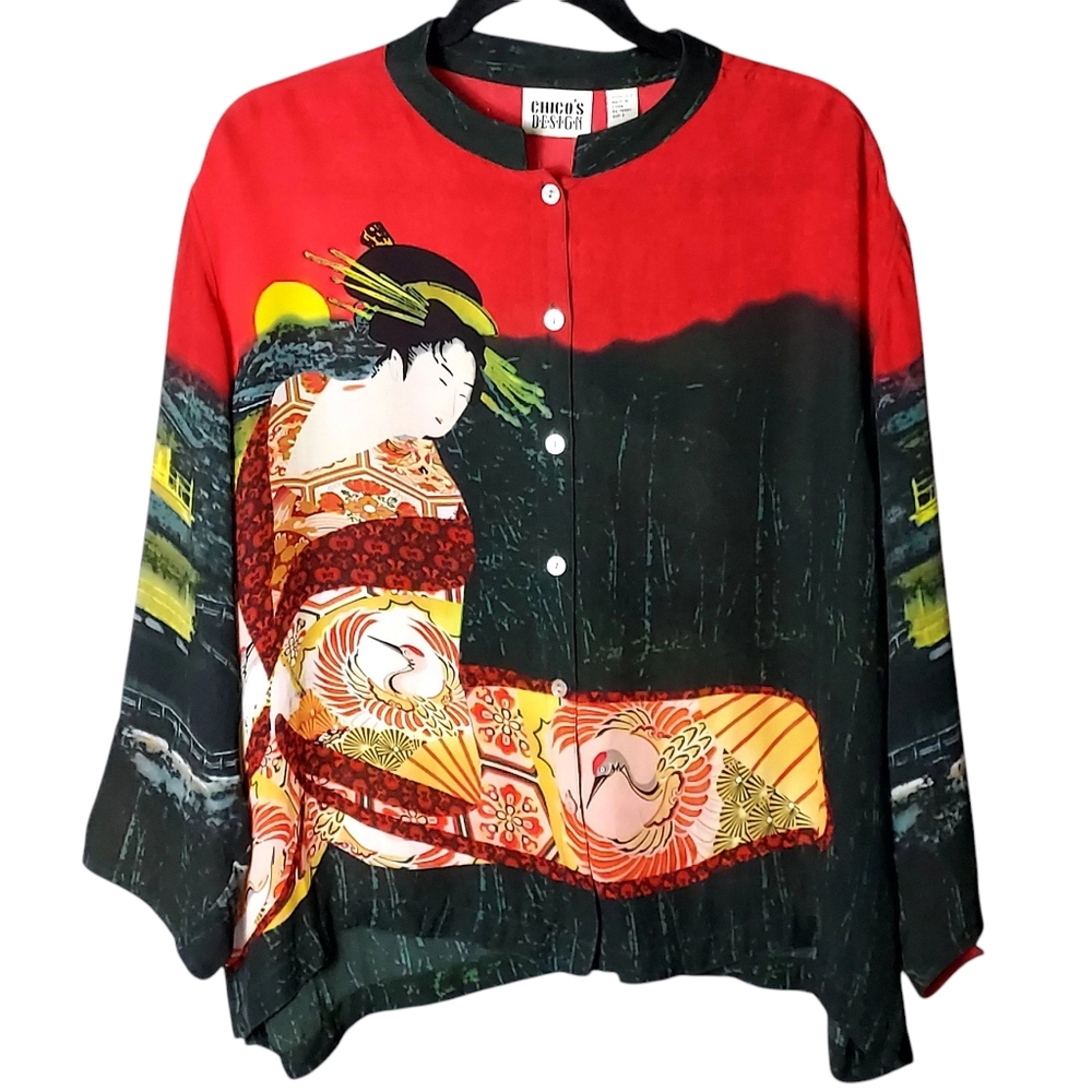 VTG 100% Silk Chico's Design 3/L Geisha Art To Wear Boxy Sheer 3/4 Sleeves